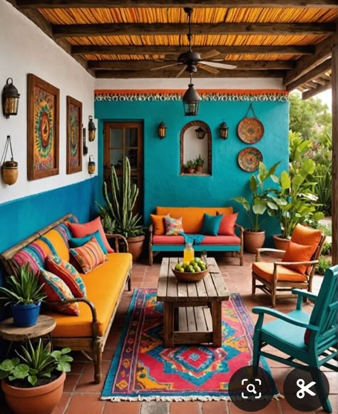 Mexican Color Scheme, Patio Mexicano, Southwest Living Room, Mexico Home Decor, Butcherblock Countertops, Hacienda Decor, Outside House Colors, Casita Ideas, Southwest Living