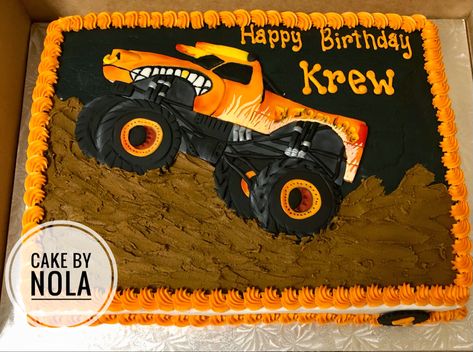 Happiest of birthdays to Krew’s. He celebrated today with El Toto Loco…#decoratedcakes #cakedecorating #cakesofinstagram #instacake #cakestagram #decoratedsheetcake #sheetcakesdonthavetobeboring #sheetcake #handcutfondant #handpaintedfondant #birthdaycake #eltoroloco #monstertruckcake #decoratedcakes Monster Jam Birthday Sheet Cake, Monster Jam Sheet Cake Ideas, Monster Truck Sheet Cake Ideas, Monster Jam Sheet Cake, El Toro Loco Cake, Toro Loco Cake, Toro Loco Birthday Party, El Toro Loco Birthday Party, Pastel Monster Truck