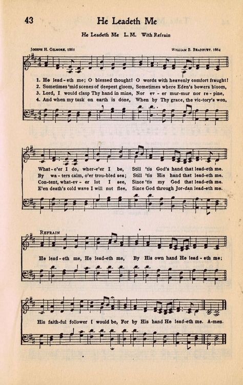 "He Leadeth Me" for bride's wedding march.~ Free Printable Antique Hymn Book Page from knickoftime.net Printable Hymns, Gospel Song Lyrics, He Leadeth Me, Hymns Of Praise, Hymn Sheet Music, Hymn Music, Church Songs, Hymns Lyrics, Bible Songs