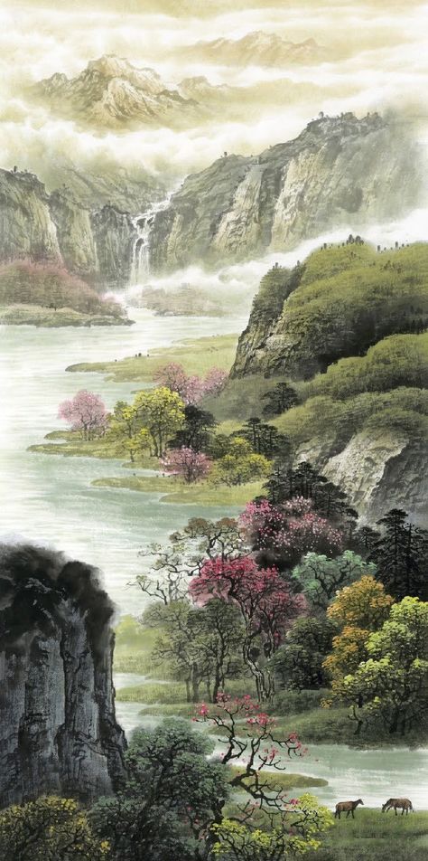 Chinese River Painting, Chinese Mountain Painting, Calm Scenery, Chinese Painting Traditional, East Asian Art, Japanese Art Prints, Vertical Wall Art, Chinese Landscape, Brush Painting