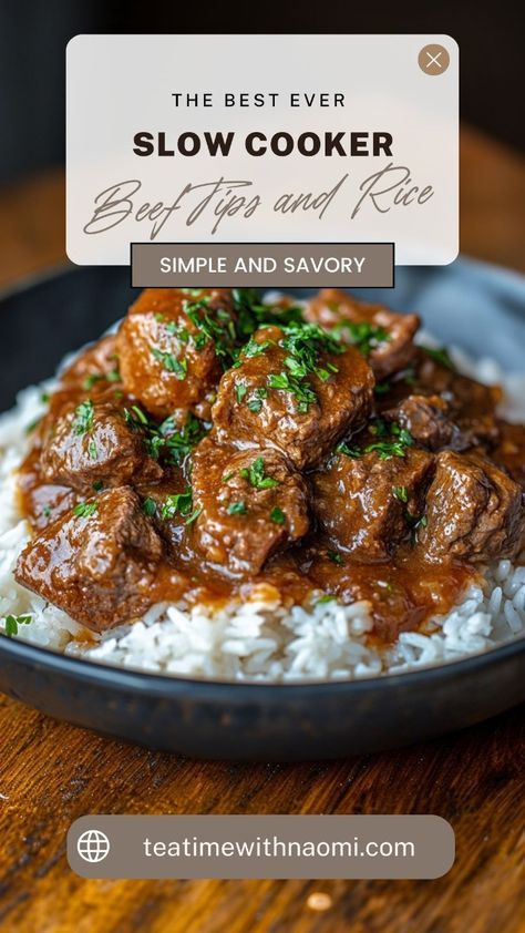 Craving a hearty, home-cooked meal? Try this slow cooker beef tips and rice recipe! Tender beef simmered in a rich gravy, served over fluffy rice. Perfect for busy weeknights or a comforting weekend dinner. Save this easy recipe for a satisfying family meal. Slow Cooker Beef Tips And Rice, Beef Rice Crockpot Recipes, Crock Pot Beef Tips And Rice, Slow Cooker Beef And Rice, Crockpot Beef Tips And Rice, Slow Cooker Weeknight Meals, Slow Cooker Beef Tips And Gravy, Beef Tips Meal, Slow Cooker Beef Stew Meat Recipes