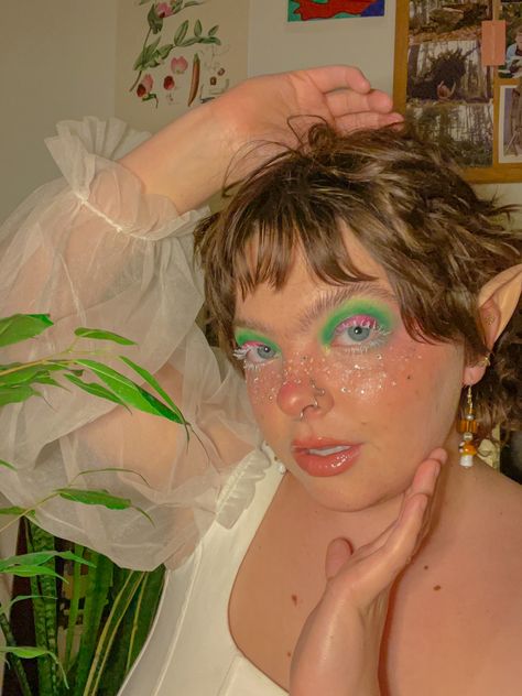 Garden Gnome Makeup, Renn Faire Fairy Makeup, Renn Faire Makeup, Cottagecore Fairy Makeup, Cottage Core Fairy Makeup, Pixie Makeup Fairies, Forest Fairy Makeup Aesthetic, Elf Ears, Fairy Makeup