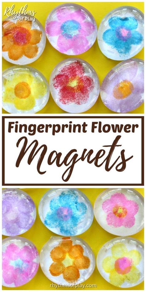 Homemade Gift Idea, Flower Crafts Kids, Grandparents Day Crafts, Fingerprint Art, Keepsake Crafts, Easy Handmade Gifts, Grandparents Day Gifts, Glass Magnets, Flower Magnets