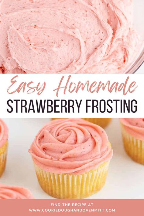 Make your desserts extra special with this Homemade Strawberry Frosting! It takes a bit more time and effort, but the taste is absolutely amazing. The frosting gets its beautiful pink color from fresh strawberry puree, and you'll even find specks of red from bits of real strawberry. This strawberry icing is perfect for topping desserts or any sweet treat that needs a burst of fresh strawberry flavor. Homemade Strawberry Frosting, Cupcake Icing Recipe, Strawberry Frosting Recipes, Easy Icing, Strawberry Icing, Strawberry Birthday Cake, Fresh Strawberry Recipes, Fresh Strawberry Cake, Strawberry Butter