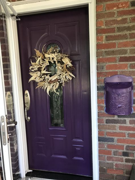 Purple Front Door Brick House, Purple Door Meaning, Black House Purple Door, Purple Houses, Purple Doors Front House, Purple Front Door, Purple House, Teal House, Exterior House Doors