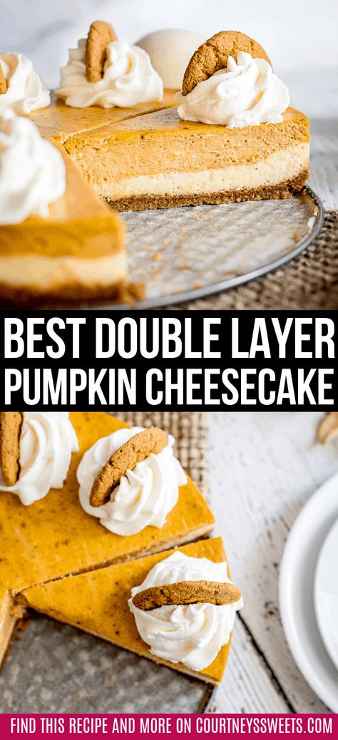 Pumpkin Cheesecake With Gingersnap Crust, Best Pumpkin Cheesecake Recipe, Double Layer Pumpkin Cheesecake, Cheesecake With Gingersnap Crust, Pumpkin Baking, Layered Pumpkin Cheesecake, Mini Chef, Amazing Meals, Gingersnap Crust