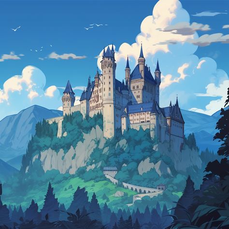 A character. Similarly shaped castles, such as Neuschwanstein Castle. The castle stands on a cliff. A fantasy-style medieval village has been built around it. There is a very large lake next to the castle, and the mountain range in the distance looks like the Alps. Large Castle Aesthetic, Castle In Mountains Art, Castle Reference Photo, Medieval Village Illustration, Castle On Hill Minecraft, Medieval Castle Painting, Fantasy Castle Landscape, Castle On A Hill Drawing, Cartoon Castle Drawing