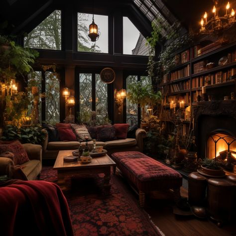 Witchy Living Room, Dark Academia Kitchen, Dark Cottagecore House, Dark Academia Interior, Dark Academia Home, Cozy Family Room, Gallery Exhibit, Cottagecore House, Inviting Living Room