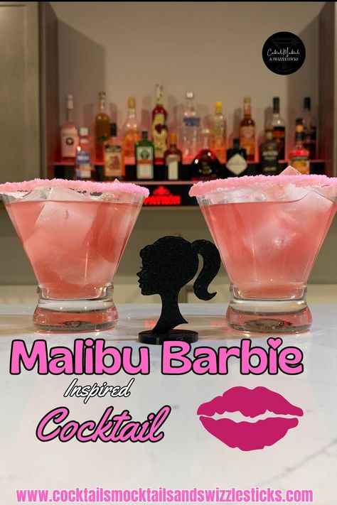 This image shows a pink drink with a pink rim with a black barbie silhouette in front of it. Galentines Cocktails, Barbie Drink, Barbie Cocktail, Adult Drinking Games, Movie Night Dinner, Cocktail Shots, Barbie Inspired, Play Barbie, Being Perfect