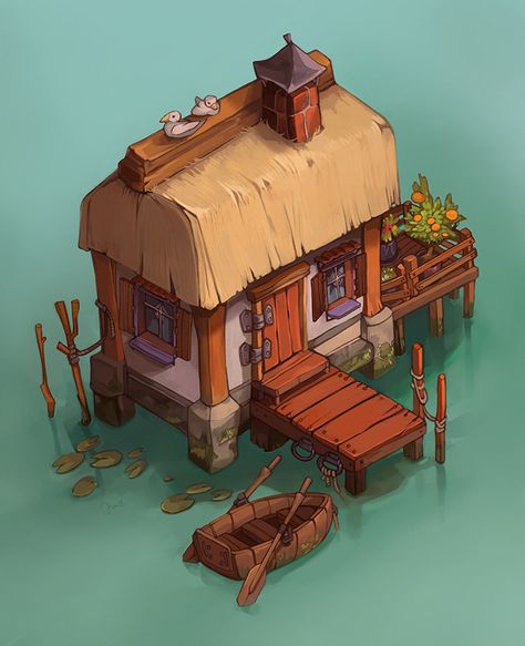 ArtStation - Fishing House, Johanna Marsch Fishing House, Habbo Hotel, Sunshine Nature, Cartoon House, Building Concept, Isometric Art, Isometric Design, Low Poly Art, Isometric Illustration