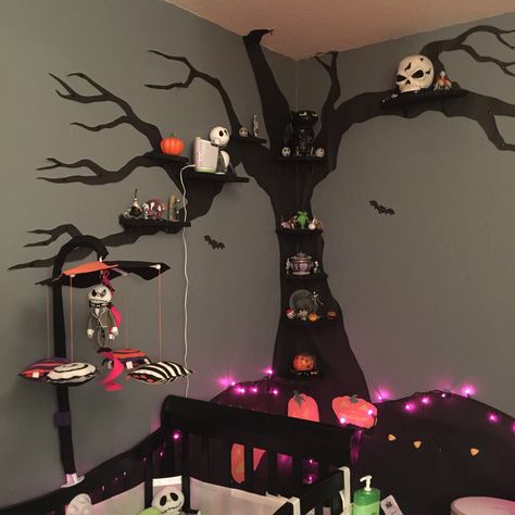 Nightmare Before Christmas Nursery on a Budget! | The Brain Squirrel Monologues Nightmare Before Christmas Nursery, Nursery On A Budget, Gothic Nursery, Christmas Nursery, Nightmare Before Christmas Tree, Nightmare Before Christmas Decorations, Casa Halloween, Goth Baby, Nightmare Before Christmas Halloween