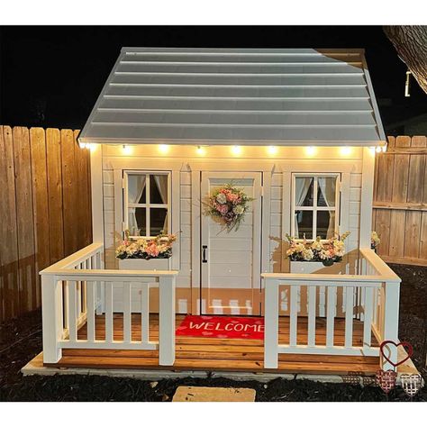 Whole Wood Playhouses Snowy Owl — AlignedPlay Playhouse Made From Old Doors, Plans For Playhouse Easy Diy, Wooden Wendy House, Unique Playhouse Outdoor, Outdoor Playhouse Renovation, Play House Decoration Ideas, Wooden Wendy House Ideas, Playhouse Add Ons, Playhouse Flower Boxes