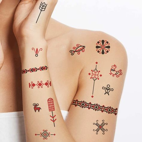 Amazon.com : Ukrainian traditional Ornaments minimalistic ethnic temporary tattoos with black and red geometric illustrations : Beauty & Personal Care Ukrainian Tattoo Symbols, Serbian Traditional Tattoo, Ukrainian Flowers Tattoo, Romanian Tattoo Traditional, Ukrainian Tattoos For Women, Black And Red Tattoo Design, Ukrainian Tattoo Ideas, Romanian Tattoo, Traditional Ukrainian Tattoo