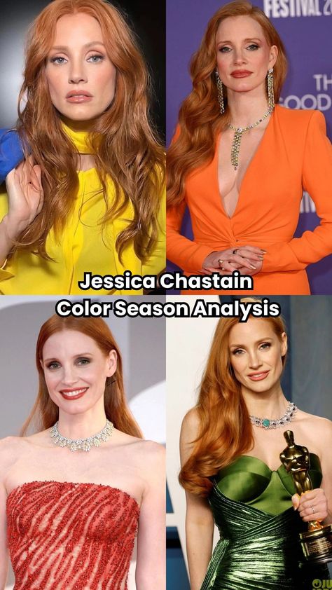 Jessica Chastain color season revealed. Discover if she's a True Spring with expert insights and photos compared to True Spring colors. Jessica Chastain Color Analysis, Blake Lively Color Analysis, True Spring Celebrities, Jessica Chastain Hair, Spring Color Analysis, Colors For Hair, Color Season Analysis, Jessica Chastain Style, True Spring Palette