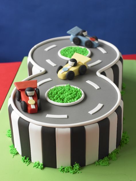 the ultimate 8 year old birthday cake! Race Track Cake, Racing Cake, Rodjendanske Torte, Race Car Cakes, 8th Birthday Cake, Car Cake, Childrens Birthday Cakes, Number Cakes, Boy Birthday Cake