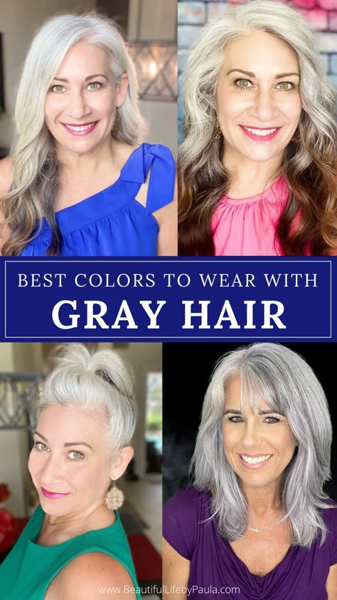 Best colors to wear with white, gray, silver or platinum hair. Also learn your skin undertone so you know what clothing colors will look best on you! | gray hair tips | gray hair fashion | silver hair tips | over 50 fashion Gray Hair Growing Out, Grey Hair And Glasses, Grey Hair With Bangs, Long Silver Hair, Silver White Hair, Grey Hair Over 50, Grey White Hair, Silver Blonde Hair, Beautiful Gray Hair