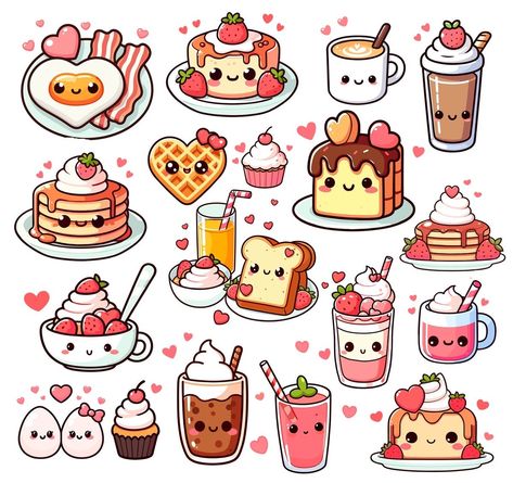 Cute Food Doodles Easy, Food Doodle Art Illustrations, Kawaii Drawings Food, Cute Food Drawings Kawaii, How To Draw Food, Kawaii Food Drawings, Cute Cartoon Food, Kawaii Valentine, Food Doodles