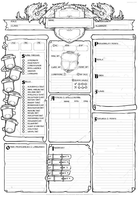 Free DND Character Sheet Dice Roll Character Design, Dnd Character Design Sheet, Dnd Diy, Dnd Character Sheet, Rpg World, Dice Bags, Sheet Design, Fantasy World Map, Dungeon Master's Guide