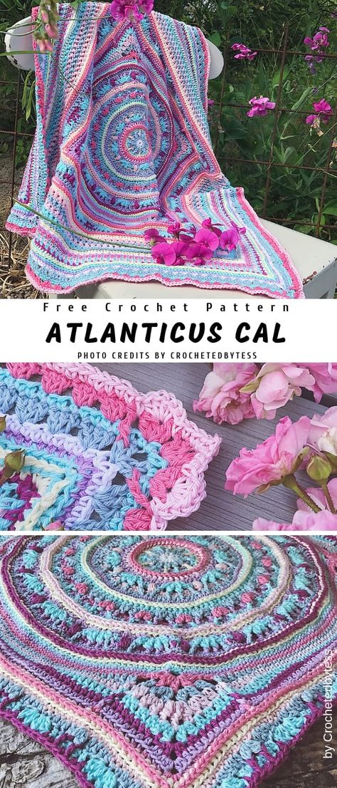 Atlanticus CAL Crochet Blanket Ideas - Pattern Center Cal Crochet, Crochet Mandala Pattern, Crochet Blanket Afghan, Afghan Crochet, Haken Baby, Crochet Square Patterns, Crochet Mandala, Afghan Crochet Patterns, Crochet Squares