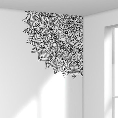 Black Paint Design On Wall, Mandala Wall Art Bedrooms, Mandala Painting On Wall, Wall Mandala Painting, Mandala Art On Wall, Room Wall Drawing, Mandala Wall Art Murals, Mandala Wall Painting, Mandala On Wall