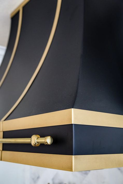 Classic Range Hoods, Black And Brass Hood, Tuscan Range Hood, Custom Oven Hoods, Gold Hood Vents Kitchen, Black And Brass Range Hood, Black And Gold Range Hood, Beautiful Range Hoods, Custom Stove Hoods