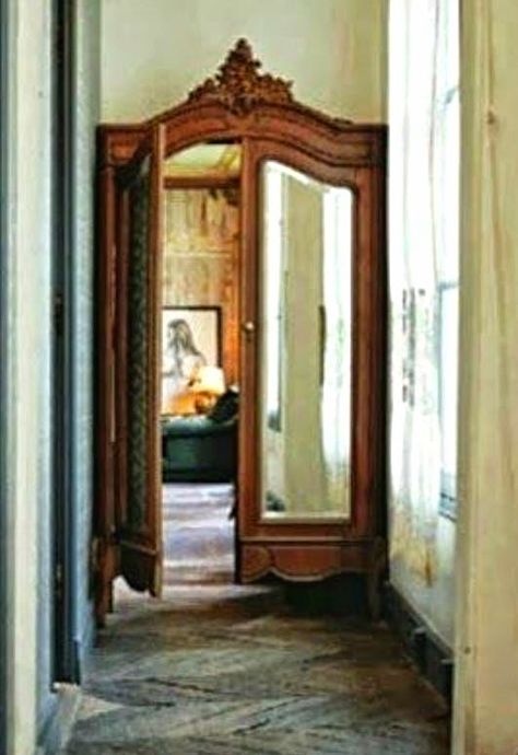 a wardrobe built-in to the wall leads to different rooms : the house in my dreams Eric And Eloise Wall Mount, Interesting Decor Ideas, Upcycled House Decor, Secret Speakeasy Entrance, French Country Doors Interior, Koti Diy, Antique Wardrobe, Doors Repurposed, Door Bathroom