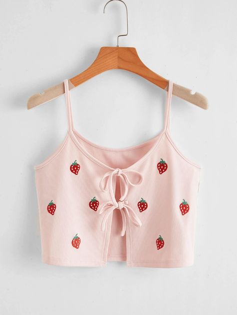 Crop Top Rosa, Floral Print Chiffon Maxi Dress, Forever 21 Outfits, Outfit Korean Style, Embroidered Tank, Patches Fashion, Pink Strawberry, Top Shein, Trendy Fashion Tops