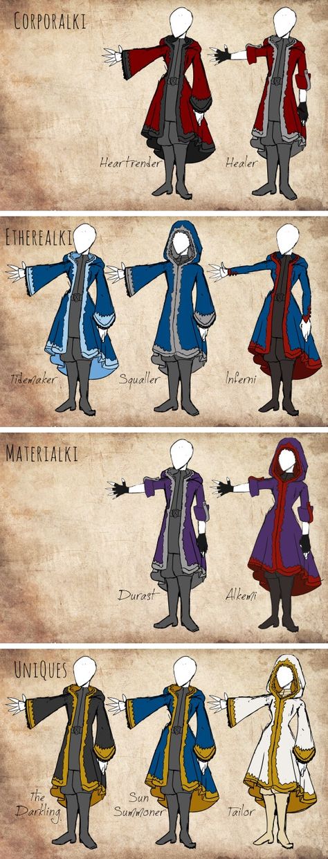 ©kitain.tumblr.com: Rough sketch interpretations of the kefta from the Grisha trilogy. They’re all hooded and fur-lined, can be worn open or closed, with minor tailoring differences between specialties. Inferni have close-fitted sleeves to avoid catching fire, and Materialki and Healers can pin their sleeves up to work. I tried to take Russian design into consideration, but nothing with a hood looks Russian… Maybe I’ll do a hoodless collared version, too. Materialki Grisha Kefta, Kefta Grisha Tailor, Grisha Clothes, Shadow And Bone Grisha Kefta, Shadow And Bone Kefta Colors, Grisha Kefta Design, Kefta Shadow And Bone, Grisha Verse Fanart, Shadow And Bone Inspired Outfits