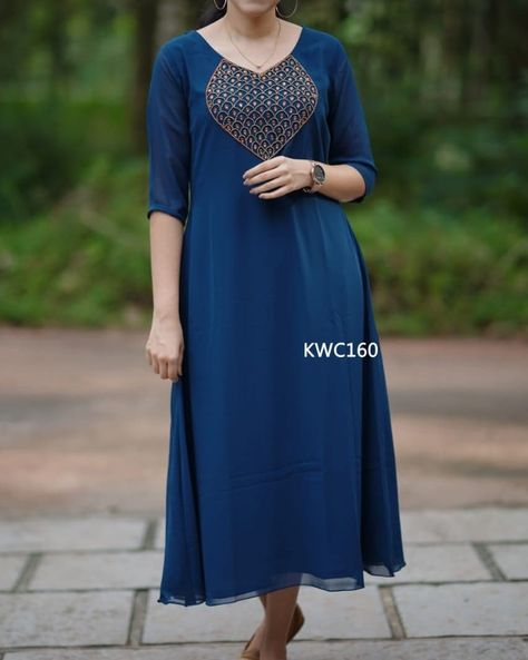 Georgette Aline Kurti, Georgette Aline Kurti Design, Aline Kurthi Model, Aline Churidhar Designs, Stone Work Kurti Design, Aline Kurti Design Pattern, Plain Georgette Kurtis, Georgette Kurtis Designer Plain, Beads Work On Kurti Neck Simple