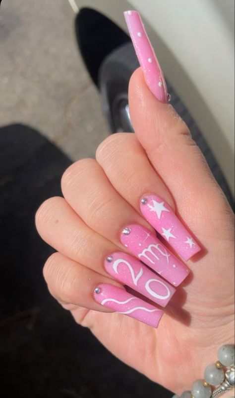 Birthday Nails Virgo 20, Pink Birthday Nails Virgo, Nails Bday Ideas, 23 Birthday Nails Design, Pretty Birthday Nails Pink, 22nd Birthday Nail Designs, Birthday Nails For Virgos, Pink Taurus Birthday Nails, Birthday Nails For Libras