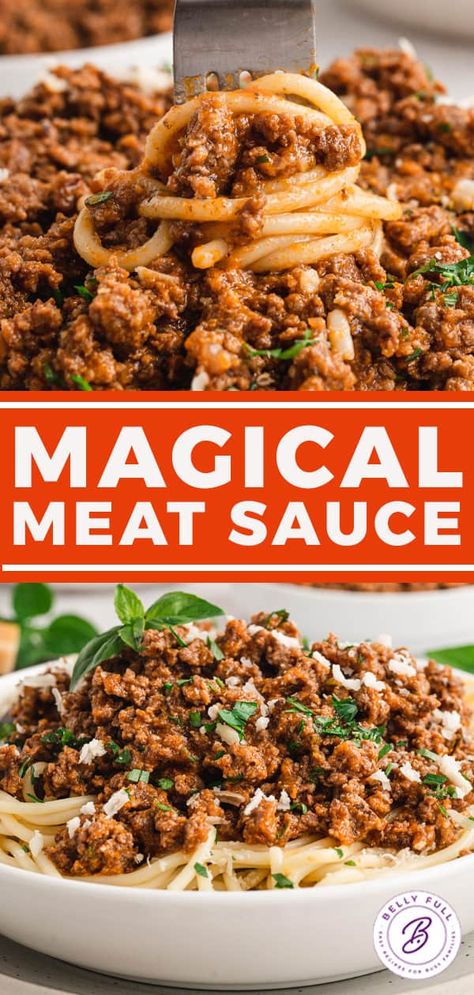 Magic Meat Sauce Recipe - Belly Full Meat Sauce Recipe, Beef Nachos, Beef Tomato, Homemade Meat Sauce, Pasta With Meat Sauce, Beef Meals, Beef Sauce, Spaghetti Meat Sauce, Meat Sauce Recipes