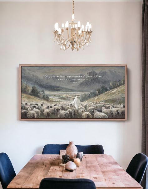 My Sheep Hear My Voice | John 10:27 Scripture Wall Art – Forever Written By Camilla Simone Wall Art Verses, Light Your Home Art, Large Christian Wall Art, Christian Decorations Home, Christian House Decor, Christian Decor Ideas, Shepherd Nursery, My Sheep Hear My Voice, Sheep Poster