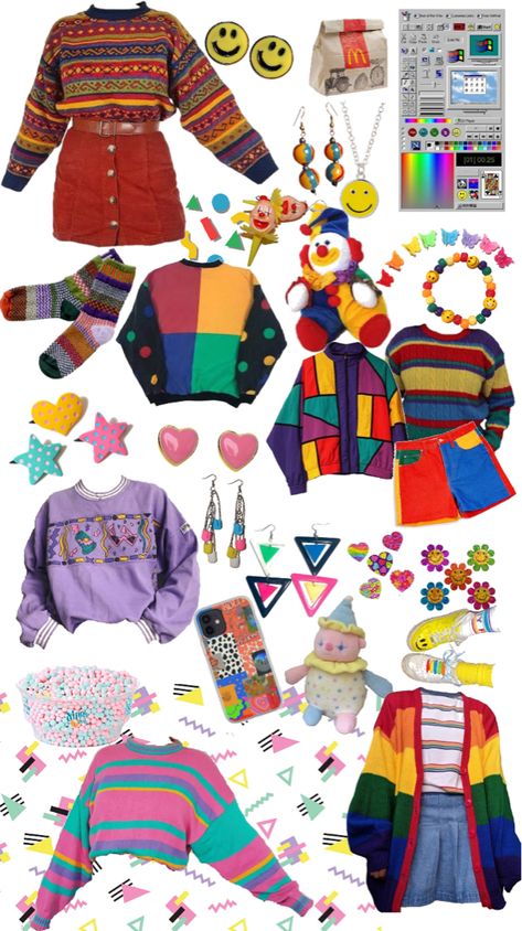 Clowncore Outfit, Kid Core Outfits, Kidcore Outfit, Kidcore Aesthetic, Butterfly Hair Clips, The Cardigans, Funky Outfits, Kid Core, Butterfly Hair