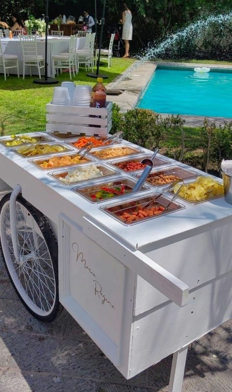 Wedding Food Cart Ideas, Catering Cart Ideas, Food Cart Business Ideas, Snack Carts For Parties, Food Cart Ideas Business, Party Snack Cart, Party Vendor Ideas, Food Cart Aesthetic, Party Carts Ideas Diy