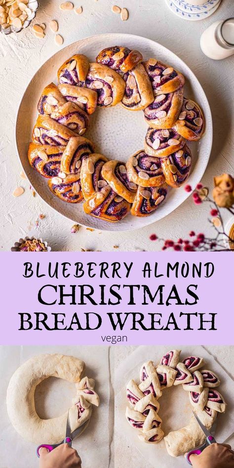 Savoury Christmas Wreath, Bread Folding Ideas, Braided Bread Wreath, Christmas Bread Art, Yule Bread Winter Solstice, Bread Wreath Braided, Wreath Pastry, Yule Baking Recipes, Winter Bread Recipes