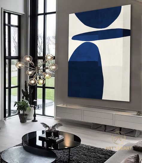 Navy Blue Geometric Painting Minimalist Painting on Canvas, Pure Blue and White Painting Livingroom Bedroom Extra Large Wall Art Framed - Etsy Israel Minimalist Bedroom Painting, White And Navy Office, Navy Blue Studio Apartment, Blue And White Painting, Navy Blue Painting, Abstract Blue Painting, Wall Painting Ideas Creative, Blue Artwork Abstract, Tokyo Apartment