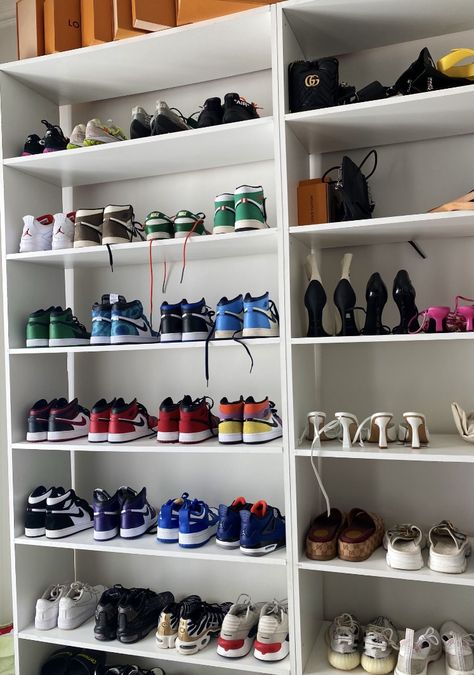 Kylie Jenner Shoes, Sneaker Rack, Sneakerhead Room, Sneaker Closet, Metal Shoe Rack, Entryway Closet, Shoe Wall, Shoes For Boys, Shoe Rack Organization