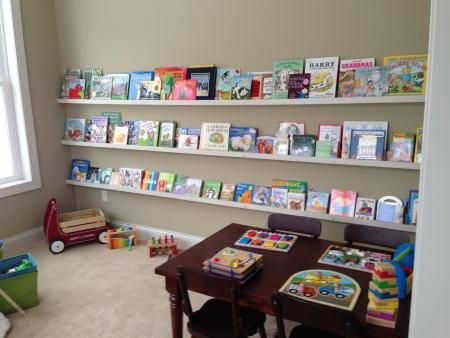 diy wall shelves and ledges | 12-foot ledges for front-facing children's books | Do It Yourself Home ... Homeschooling Space, Ikea Kids Table, Front Facing Bookshelf, Gutter Bookshelf, Loft Playroom, Chalkboard Table, Bookshelf Plans, Loft Ideas, Ikea Kids