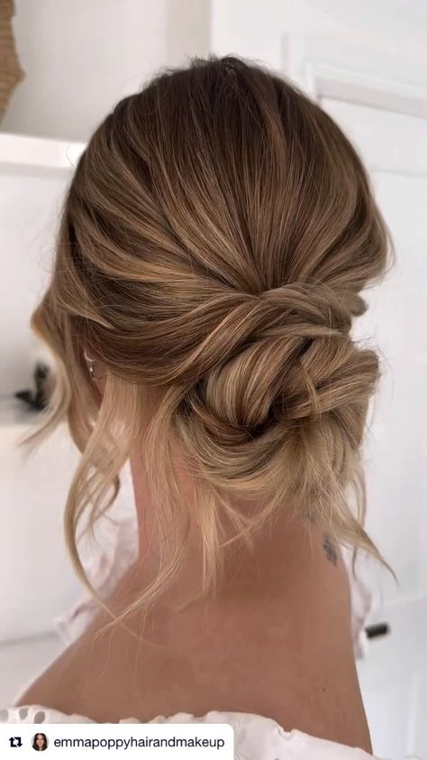 LALA’S PREP TOOL✨ | 🤍 Effortless low bun beautifully styled by @emmapoppyhairandmakeup 🤍 Watch and save for later! 😉 | Instagram Low Loose Updo Wedding Bridesmaid Hair, Mess Low Bun Wedding, Loose Bun For Wedding, Low Bun Wedding Hair Strapless Dress, Messy Bun Wedding Updo, Curled Low Bun Wedding Hair, Low Slick Bun Wedding, Wedding Low Messy Bun, Low Bun With Tendrils