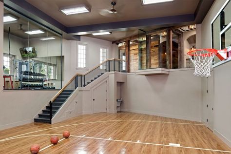 Indoor Sports Court, Home Basketball Court, Basketball Room, Sports Court, Dream Basement, Indoor Basketball Court, Basement Gym, Indoor Basketball, Dream Life House