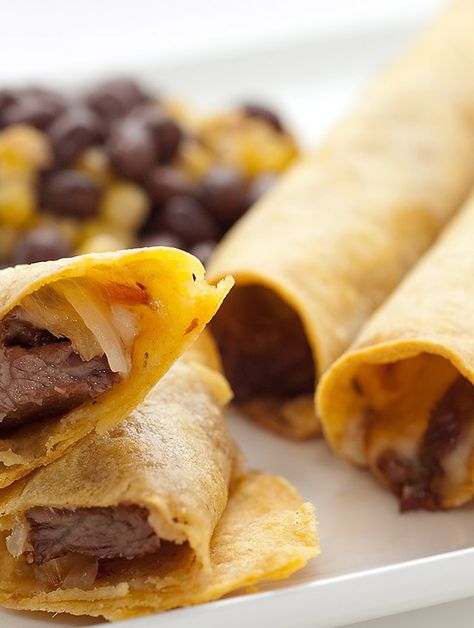 Crunchy taquitos filled with grilled steak, caramelized onions and spicy pepperjack cheese. Pepper Jack Taquitos, Steak Taquitos, Taquitos Recipe, Flat Iron Steak, Grilled Steak, Starters Recipes, Pepper Jack, Quesadillas, Mexican Dishes