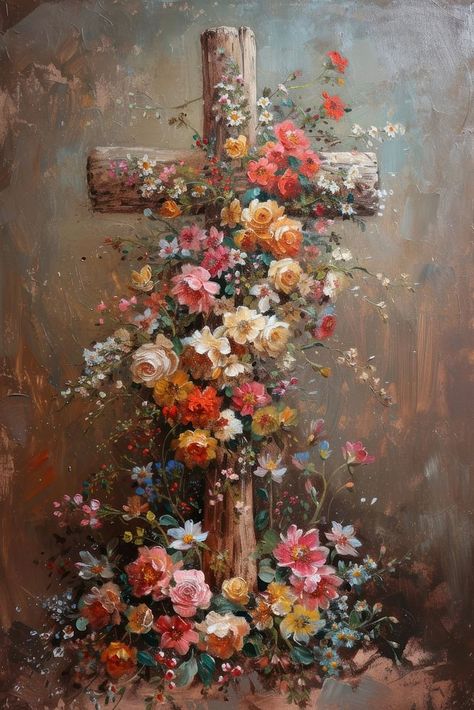 A wooden Christ cross adorned with flowers painting art fragility. | premium image by rawpixel.com / Fluke Beautiful Cross Art, Christmas Cross Wallpaper, Modern Jesus Art, Catholic Art Paintings, Biblical Paintings, Christ Aesthetic, Jesus Painting Ideas, Cross Painting, Cross Aesthetic