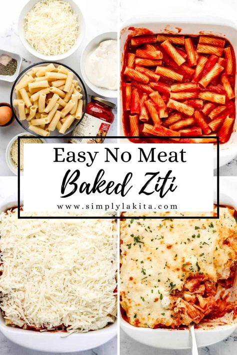 This Baked Ziti Recipe No Meat is an easy weeknight dinner that is hearty, comforting, and sure to be a family favorite. It's loaded with tender pasta, sauce, mozzarella cheese, and a creamy ricotta mixture. Ready in minutes and is sure to be loved by the whole family. simplylakita.com #vegetarianbakedziti Easy Baked Ziti No Meat, Cook Pasta In Oven, Baked Ziti No Meat, Best Baked Ziti Recipe, Baked Ziti With Ricotta, Easy Baked Ziti, Ziti Recipe, Cheese Sauce For Pasta, Ziti Recipes