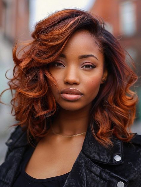 Top Hair Colors for Dark Skin Tones: Perfect Shades for Every Season Ginger Hair Color On Natural Hair, Red Brown Balayage Blonde, Black Ginger Hairstyles, Fall Colors 2024 Hair, Hair Color For Medium Dark Skin Tones, Fall Color Hair Ideas For Black Women Natural, Fall Hair On Black Women, Auburn Balayage Black Women, Auburn On Black Women