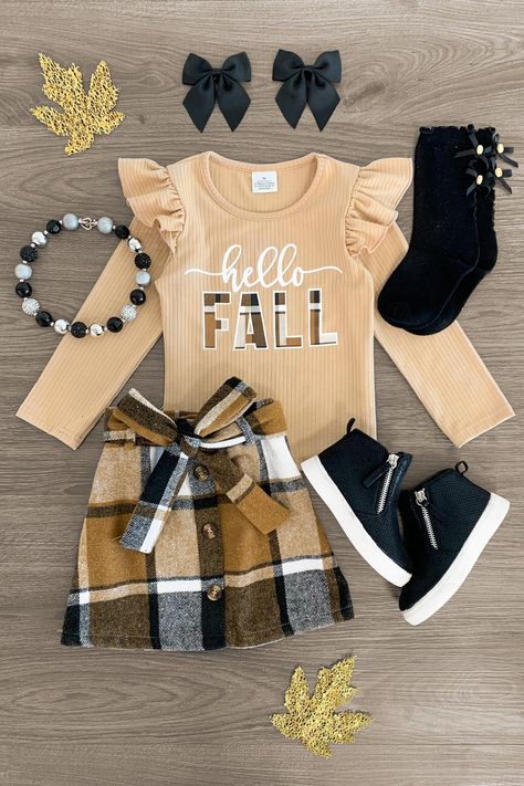 Hello Fall Brown Plaid Skirt Set - Sparkle in Pink Girls Fall Fashion 2024, Thanksgiving Family Outfits, Thanksgiving Outfit Kids, Brown Plaid Skirt, Plaid Skirt Set, Cute Thanksgiving Outfits, Flannel Skirt, Thanksgiving Clothes, Daughter Outfits