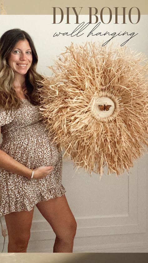 How to Make a DIY Boho Wall Hanging | Oh How Charming by Lauren Diy Raffia Wall Hanging, Raffia Crafts Diy, Diy Boho Wall Hanging, Hanging Family Photos, Raffia Wall Hanging, Raffia Crafts, Hula Skirt, Boho Wreath, Juju Hat