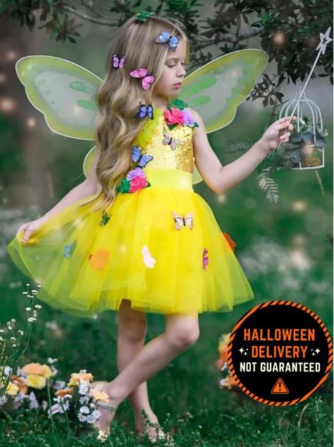 Butterfly Tutu Costume, Halloween Costumes For Girls 6-8, Popular Girls Halloween Costumes, Girls Fairy Costume, Fairy Halloween Costume, Yellow Fairy, Fairy Halloween, Troll Costume, Fairy Theme