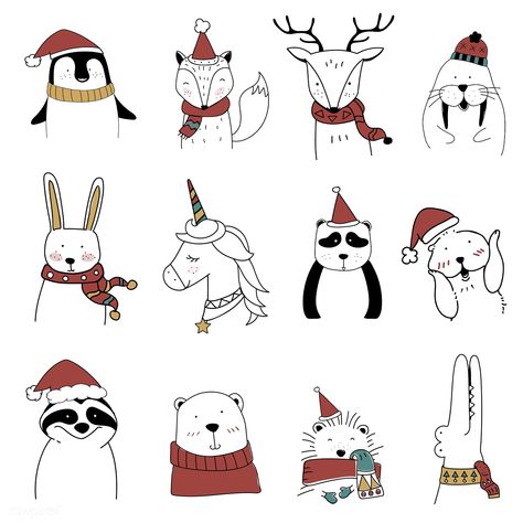 Hand drawn animals enjoying a Christmas holiday | free image by rawpixel.com Christmas Animals Drawing, Drawn Animals, Xmas Drawing, Christmas Simple, Simple Drawings, Baby Printables, Card Inspo, Mask Ideas, Animal Doodles