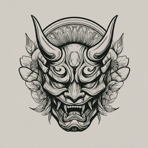 O I Mask Tattoo, Hanya Chest Tattoo, Oni Mask Back Tattoo, Hanna Mask Tattoo, Japanese Culture Tattoo, Traditional Hannya Mask Tattoo, Japanese Oni Tattoo, Oni Mask Drawing, Clown Tattoo Design