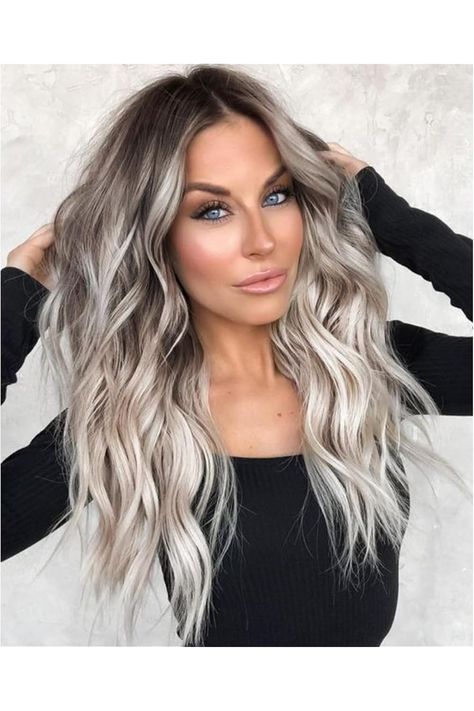 Lativ Grey Wigs for Women, Long Ombre Gray Wavy Wig with Dark Roots,20 Inches Medium Length Women&#39;s Charming Synthetic Wigs Natural Heat Resistant Hair for Daily Party Use Balayage, Haircut Ideas For Blonde Hair, Ashy Blonde Hair Dark Roots, Cool Tone Blonde Hair, Long Grey Hair, Ash Blonde Hair Balayage, Medium Ash Blonde, Icy Blonde Hair, Silver Blonde Hair